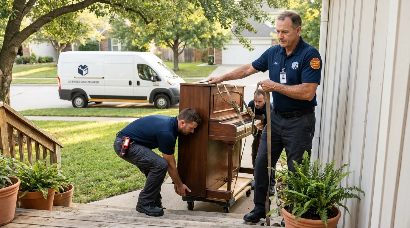 Licensed piano movers securing grand piano in Cobleskill, NY
