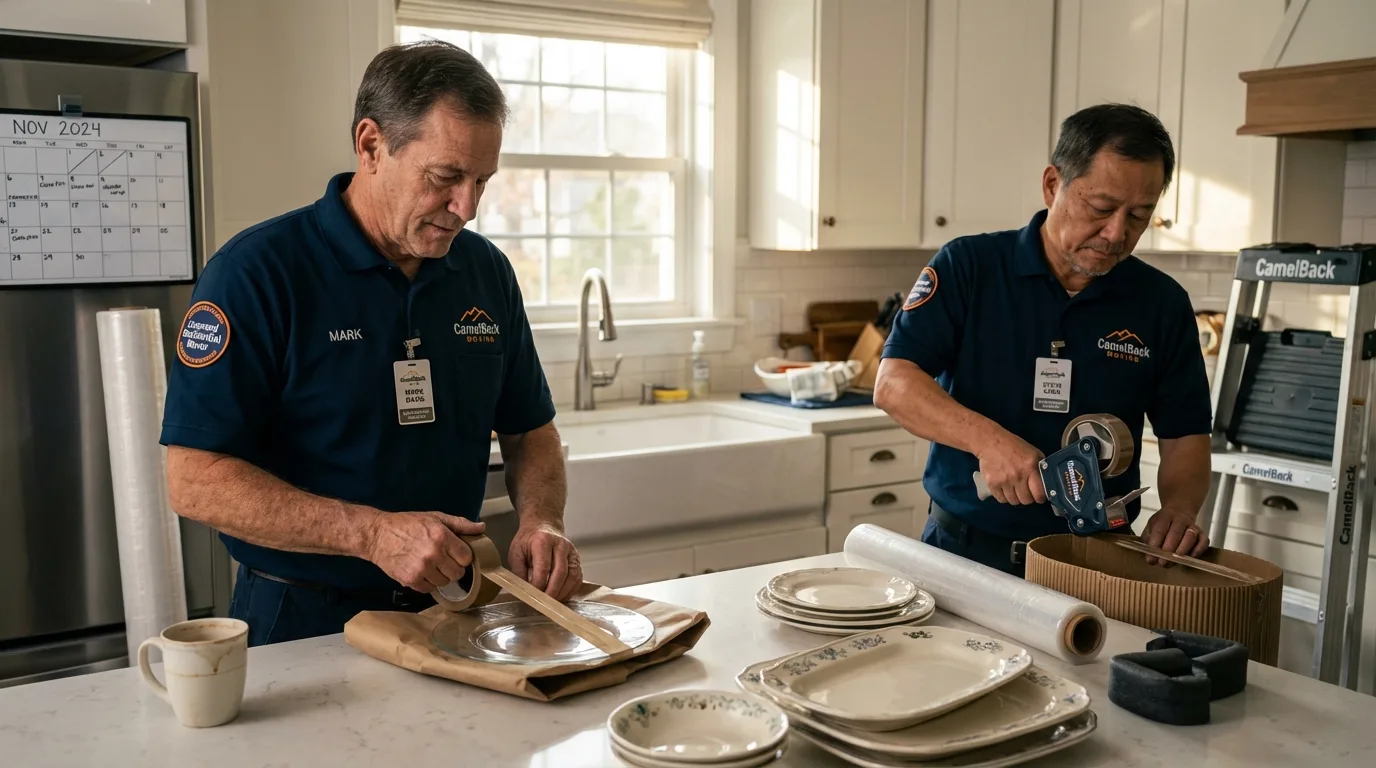 Professional crew packing kitchen dishware in Cobleskill, NY
